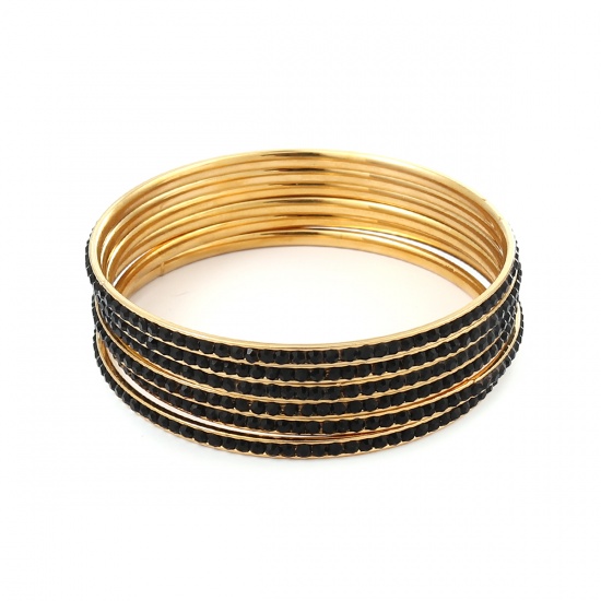 Picture of 304 Stainless Steel Stacking Bangles Bracelets Gold Plated Round Black Rhinestone 23cm(9") long - 22cm(8 5/8") long, 1 Set ( 6 PCs/Set)