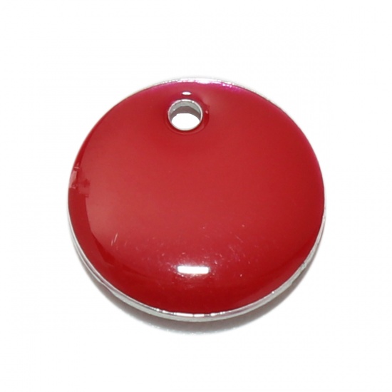 Picture of 10 PCs Brass Enamelled Sequins Charms Silver Tone Red Round 10mm Dia.