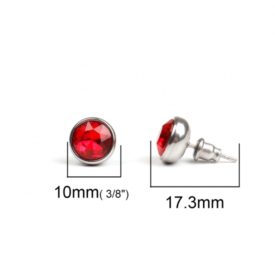 Picture of 304 Stainless Steel Jan Birthstone Ear Post Stud Earrings Silver Tone Round Red Rhinestone 10mm Dia., Post/ Wire Size: (21 gauge), 1 Pair