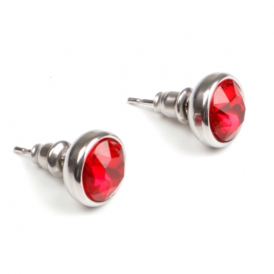 Picture of 304 Stainless Steel Jan Birthstone Ear Post Stud Earrings Silver Tone Round Red Rhinestone 10mm Dia., Post/ Wire Size: (21 gauge), 1 Pair