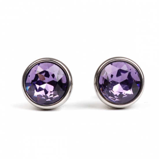 Picture of February Birthstone - 304 Stainless Steel Ear Post Stud Earrings Silver Tone Round Deep Purple Rhinestone 10mm Dia., Post/ Wire Size: (21 gauge), 1 Pair