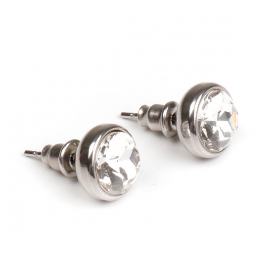Picture of 304 Stainless Steel April Birthstone Ear Post Stud Earrings Silver Tone Round Clear Rhinestone 10mm Dia., Post/ Wire Size: (21 gauge), 1 Pair