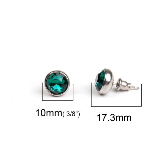 Picture of 304 Stainless Steel May Birthstone Ear Post Stud Earrings Silver Tone Round Green Rhinestone 10mm Dia., Post/ Wire Size: (21 gauge), 1 Pair