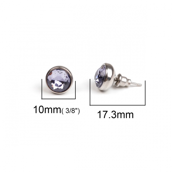 Picture of 304 Stainless Steel June Birthstone Ear Post Stud Earrings Silver Tone Round Purple Rhinestone 10mm Dia., Post/ Wire Size: (21 gauge), 1 Pair