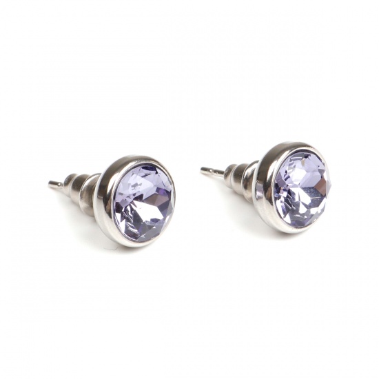 Picture of 304 Stainless Steel June Birthstone Ear Post Stud Earrings Silver Tone Round Purple Rhinestone 10mm Dia., Post/ Wire Size: (21 gauge), 1 Pair