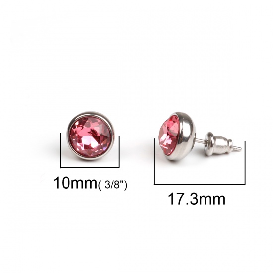 Picture of 304 Stainless Steel July Birthstone Ear Post Stud Earrings Silver Tone Rose Red Round Rose Rhinestone 10mm Dia., Post/ Wire Size: (21 gauge), 1 Pair