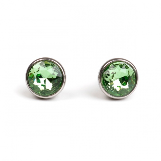 Picture of 304 Stainless Steel August Birthstone Ear Post Stud Earrings Silver Tone Round Light Green Rhinestone 10mm Dia., Post/ Wire Size: (21 gauge), 1 Pair