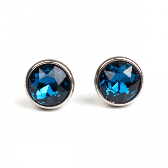 Picture of 304 Stainless Steel September Birthstone Ear Post Stud Earrings Silver Tone Round Dark Blue Rhinestone 10mm Dia., Post/ Wire Size: (21 gauge), 1 Pair