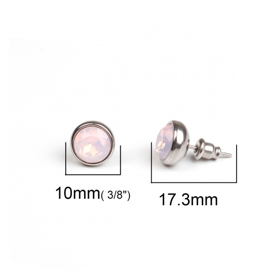 Picture of 304 Stainless Steel October Birthstone Ear Post Stud Earrings Silver Tone Round Pink Rhinestone 10mm Dia., Post/ Wire Size: (21 gauge), 1 Pair