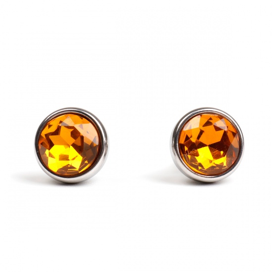 Picture of 304 Stainless Steel November Birthstone Ear Post Stud Earrings Silver Tone Round Orange Rhinestone 10mm Dia., Post/ Wire Size: (21 gauge), 1 Pair