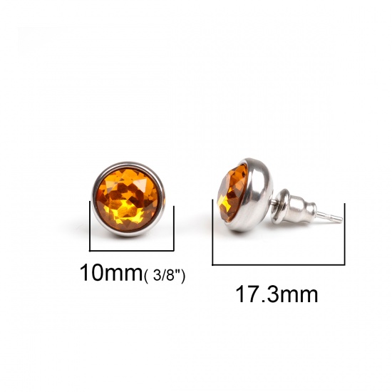 Picture of 304 Stainless Steel November Birthstone Ear Post Stud Earrings Silver Tone Round Orange Rhinestone 10mm Dia., Post/ Wire Size: (21 gauge), 1 Pair