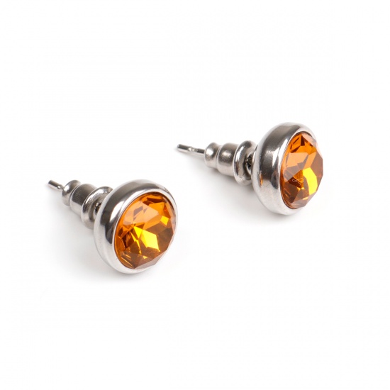 Picture of 304 Stainless Steel November Birthstone Ear Post Stud Earrings Silver Tone Round Orange Rhinestone 10mm Dia., Post/ Wire Size: (21 gauge), 1 Pair