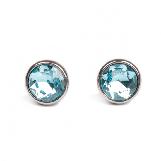 Picture of 304 Stainless Steel December Birthstone Ear Post Stud Earrings Silver Tone Round Lake Blue Rhinestone 10mm Dia., Post/ Wire Size: (21 gauge), 1 Pair