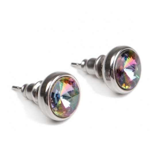 Picture of 304 Stainless Steel Ear Post Stud Earrings Silver Tone Round Multicolor Rhinestone 10mm Dia., Post/ Wire Size: (21 gauge), 1 Pair