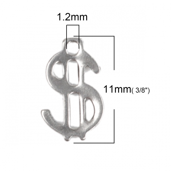 Picture of 304 Stainless Steel Chain Tail Extender Charms Dollar Symbol Silver Tone 11mm x 7mm, 10 PCs