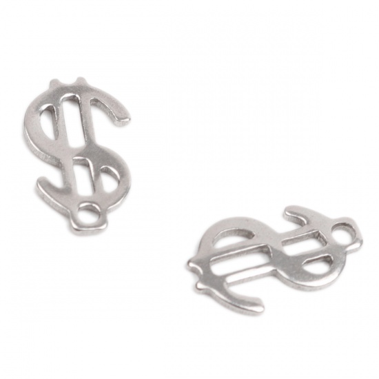 Picture of 304 Stainless Steel Chain Tail Extender Charms Dollar Symbol Silver Tone 11mm x 7mm, 10 PCs