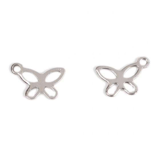 Picture of 304 Stainless Steel Pet Silhouette Chain Tail Extender Charms Butterfly Animal Silver Tone 11mm x 7mm, 10 PCs