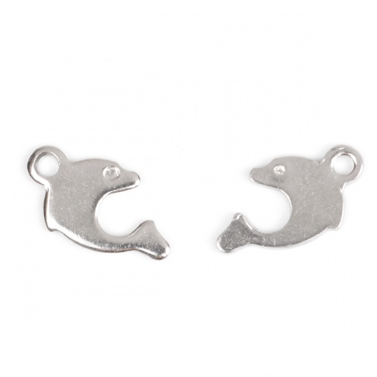 Picture of 304 Stainless Steel Ocean Jewelry Chain Tail Extender Charms Dolphin Animal Silver Tone 12mm x 7mm, 10 PCs