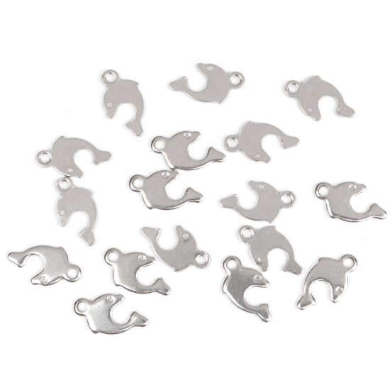 Picture of 304 Stainless Steel Ocean Jewelry Chain Tail Extender Charms Dolphin Animal Silver Tone 12mm x 7mm, 10 PCs