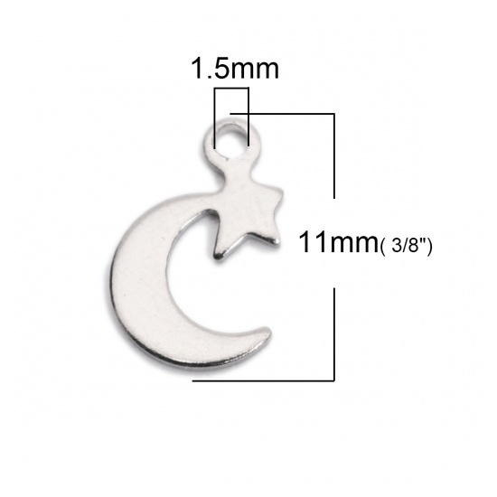 Picture of 304 Stainless Steel Chain Tail Extender Charms Half Moon Silver Tone Star 11mm x 8mm, 10 PCs