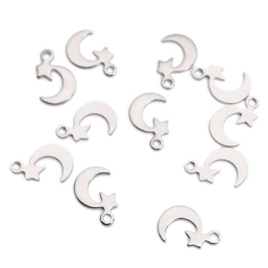 Picture of 304 Stainless Steel Chain Tail Extender Charms Half Moon Silver Tone Star 11mm x 8mm, 10 PCs