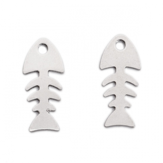 Picture of 304 Stainless Steel Chain Tail Extender Charms Fish Bone Silver Tone 18mm x 8mm, 10 PCs