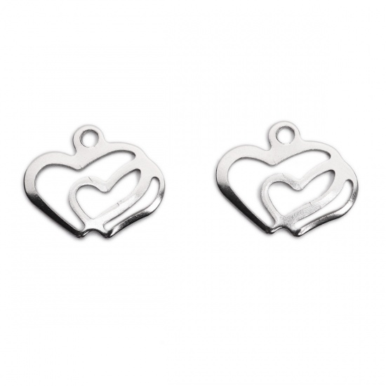 Picture of 304 Stainless Steel Chain Tail Extender Charms Heart Silver Tone 17mm x 14mm, 10 PCs