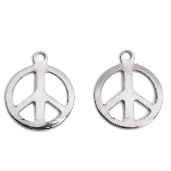 Picture of 304 Stainless Steel Chain Tail Extender Charms Round Silver Tone Peace Symbol 17mm x 14mm, 10 PCs