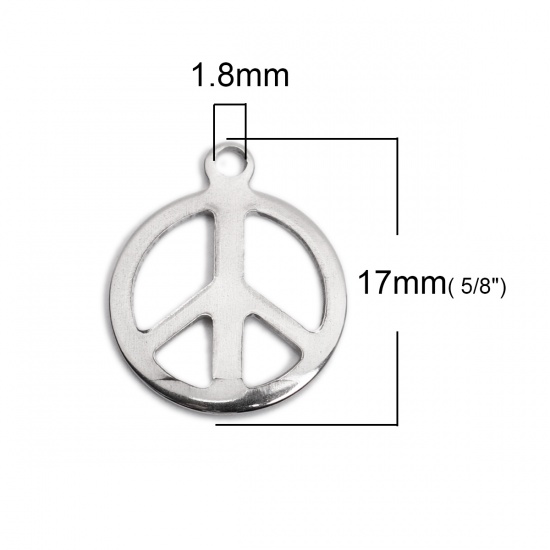 Picture of 304 Stainless Steel Chain Tail Extender Charms Round Silver Tone Peace Symbol 17mm x 14mm, 10 PCs