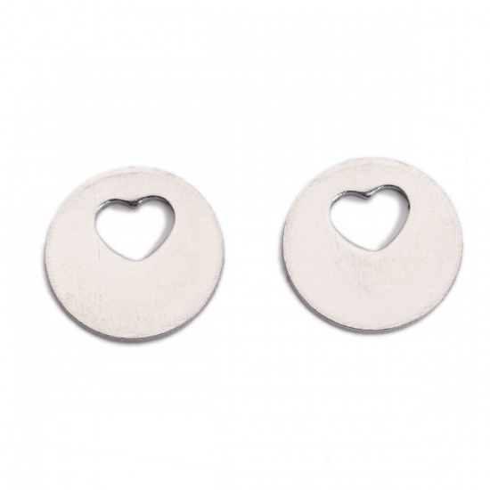 Picture of 304 Stainless Steel Chain Tail Extender Charms Round Silver Tone Heart 13mm Dia., 10 PCs