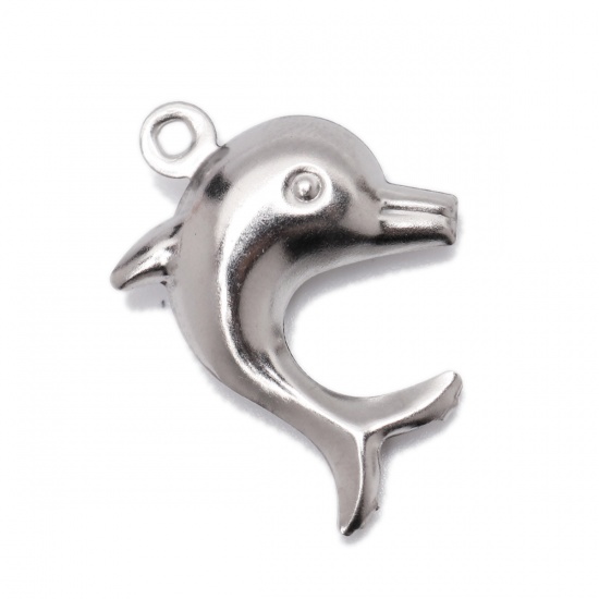 Picture of 304 Stainless Steel Ocean Jewelry Charms Dolphin Animal Silver Tone 19mm x 14mm, 10 PCs
