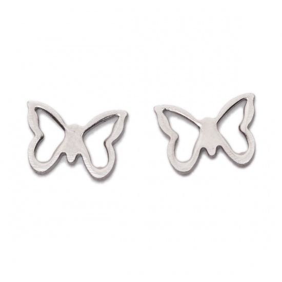 Picture of 304 Stainless Steel Pet Silhouette Chain Tail Extender Charms Butterfly Animal Silver Tone 10mm x 7mm, 10 PCs