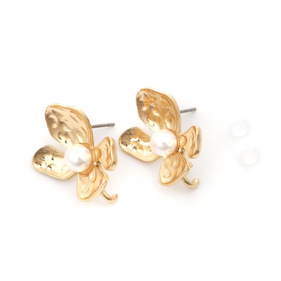 Picture of Zinc Based Alloy & Acrylic Ear Post Stud Earrings Findings Flower Gold Plated White Imitation Pearl W/ Loop 22mm x 16mm, Post/ Wire Size: (21 gauge), 6 PCs