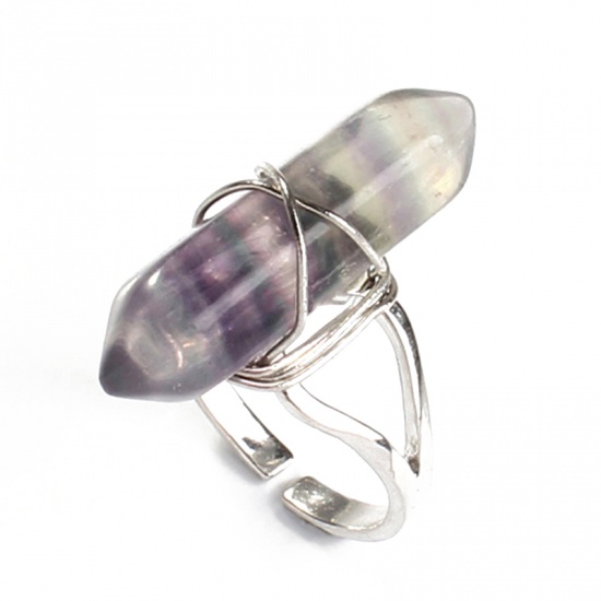 Picture of Copper & Fluorite ( Natural ) Open Adjustable Rings Silver Plated Purple Hexagonal Column 1 Piece