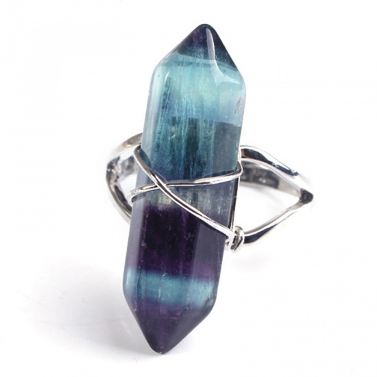 Picture of Copper & Fluorite ( Natural ) Open Adjustable Rings Silver Plated Multicolor Hexagonal Column 1 Piece