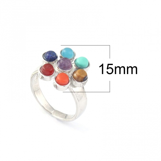 Picture of Copper & Gemstone ( Natural ) Open Adjustable Yoga Healing Rings Silver Plated Multicolor Flower 1 Piece