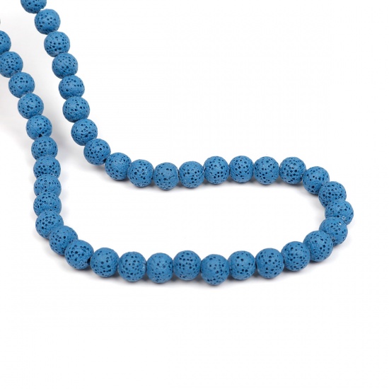 Image de Perles en Pierre de Lave ( Naturel ) Rond Bleu 8mm Dia, Trou: env. 2.2mm, 39.5cm long, 1 Enfilade (Env. 51 Pcs/Enfilade)