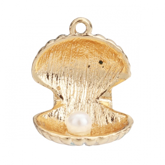 Picture of Zinc Based Alloy & Acrylic Ocean Jewelry Charms Shell Gold Plated White Imitation Pearl 25mm x 13mm, 3 PCs