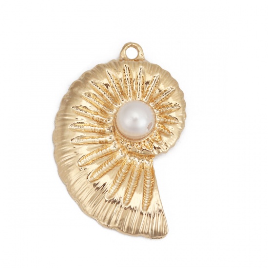Picture of Zinc Based Alloy & Acrylic Ocean Jewelry Pendants Conch/ Sea Snail Gold Plated White Imitation Pearl 31mm x 21mm, 3 PCs