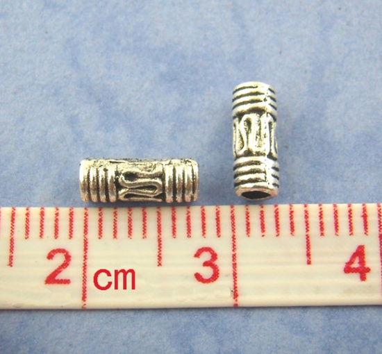 Immagine di Lega di Zinco Separatori Perline Cilindrico Argento Antico Modello Disegno Circa 8.0mm x 3.0mm, Foro:Circa 1.7mm, 200 Pz