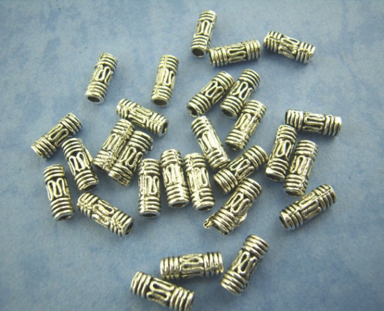 Immagine di Lega di Zinco Separatori Perline Cilindrico Argento Antico Modello Disegno Circa 8.0mm x 3.0mm, Foro:Circa 1.7mm, 200 Pz