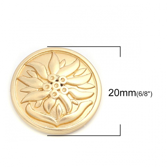 Picture of Zinc Based Alloy Metal Sewing Shank Buttons Single Hole Round Matt Real Gold Plated Flower Carved 20mm Dia., 5 PCs