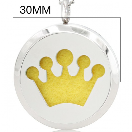 Picture of 316L Stainless Steel Aromatherapy Essential Oil Diffuser Locket Pendants Round Silver Tone Crown Can Open 30mm Dia., 1 Piece