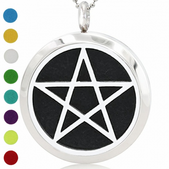 Picture of 316L Stainless Steel Aromatherapy Essential Oil Diffuser Locket Pendants Round Silver Tone Pentagram Star Can Open 30mm Dia., 1 Piece