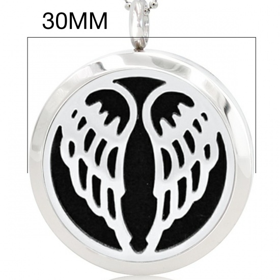 Picture of 316L Stainless Steel Aromatherapy Essential Oil Diffuser Locket Pendants Round Silver Tone Wing Can Open 30mm Dia., 1 Piece