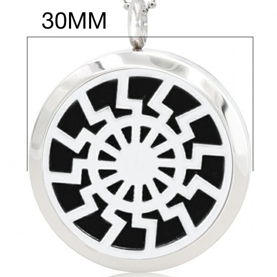 Picture of 316L Stainless Steel Aromatherapy Essential Oil Diffuser Locket Pendants Round Silver Tone Filigree Can Open 30mm Dia., 1 Piece