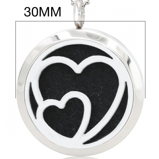 Picture of 316L Stainless Steel Aromatherapy Essential Oil Diffuser Locket Pendants Round Silver Tone Heart Can Open 30mm Dia., 1 Piece