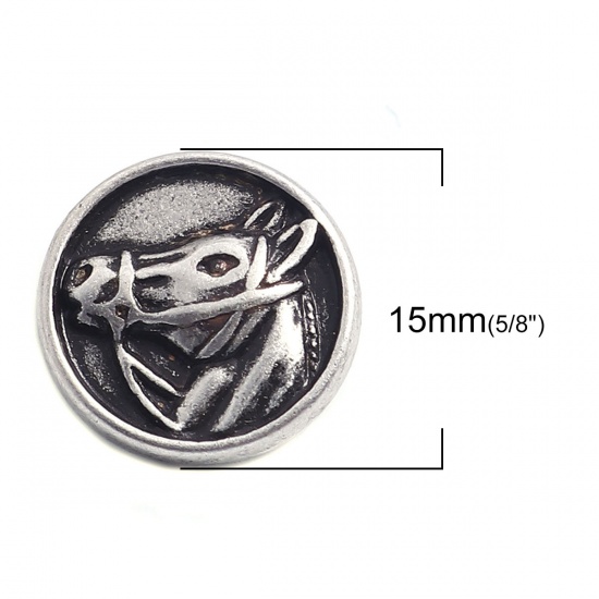 Picture of Zinc Based Alloy Sewing Shank Buttons Single Hole Round Antique Silver Color Filled Horse Carved 15mm Dia., 10 PCs