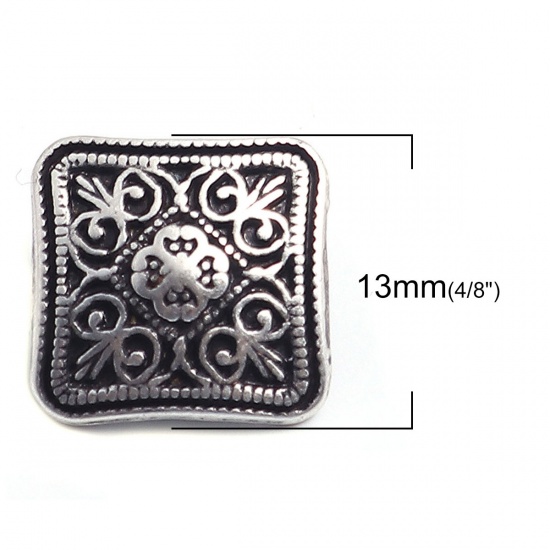 Picture of Zinc Based Alloy Sewing Shank Buttons Single Hole Square Antique Silver Color Filled Carved Pattern Carved 13mm x 13mm, 10 PCs