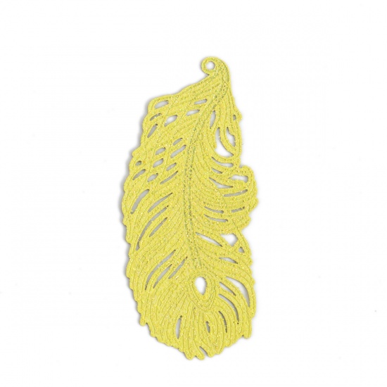 Picture of Brass Pendants Yellow Feather Leaf Filigree Stamping 6cm x 2.7cm, 5 PCs                                                                                                                                                                                       
